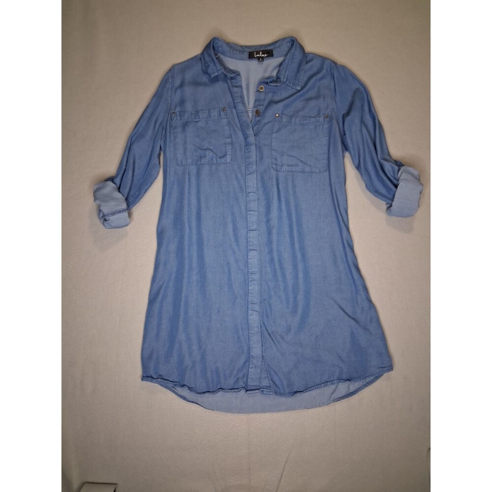 Lulus Chambray Button Front Shirt Dress Tunic Small Blue Roll Tab Sleeve Casual - Picture 6 of 10